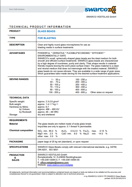 Glass Beads for Blasting Technical Product Information