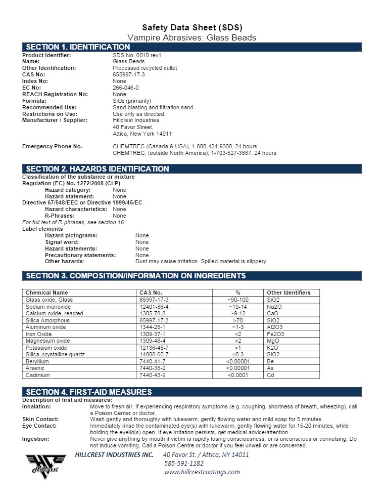 Vampire Abrasives Glass Beads Safety Data Sheet