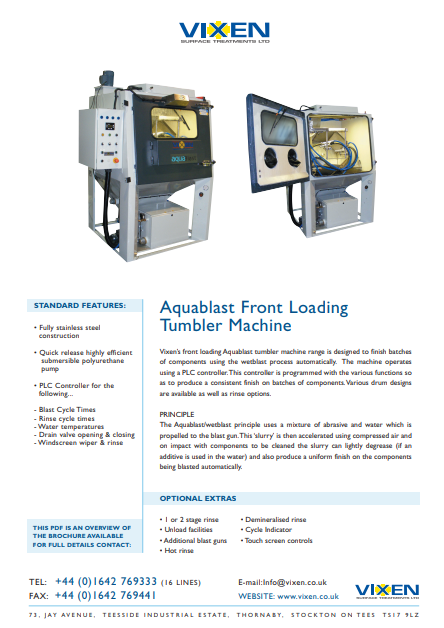Aquablast Front Loading Tumbler Machine Technical Data Sheet